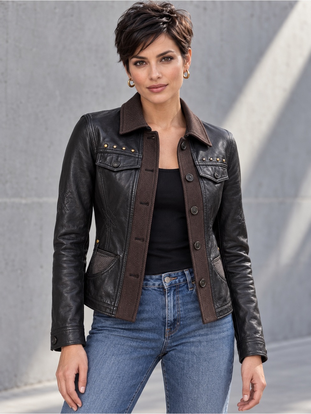 Danier Brown Leather Jacket XS Herringbone Trim Studded Button Frontl
